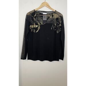 NWT Lafayette 148 Semi Sheer Bateau Neck Jacquard Lace Sweater Black Gold Small